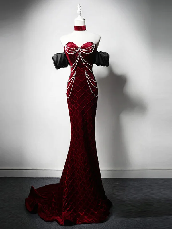 Peplum Dress Mermaid Sweetheart Neck Velvet Burgundy Long Prom Dress, Burgundy Long Evening Dress Peplum Dress Mermaid Sweetheart Neck Velvet Burgundy Long Prom Dress, Burgundy Long Evening Dress