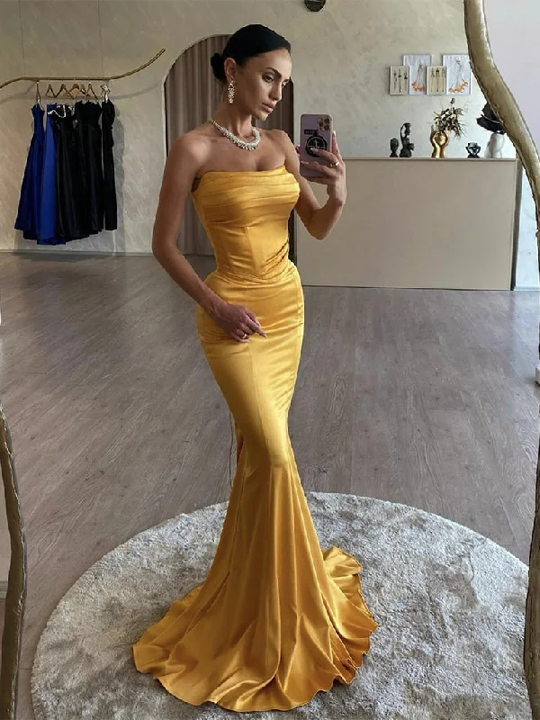 Floral Gown Simple Satin Mermaid Yellow Long Prom Dress, Yellow Evening Dress
