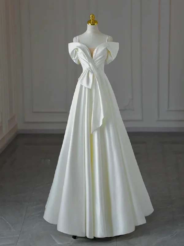 Velvet Evening Dress White A-Line Off Shoulder Satin Long Prom Dress, White Formal Dress Velvet Evening Dress White A-Line Off Shoulder Satin Long Prom Dress, White Formal Dress